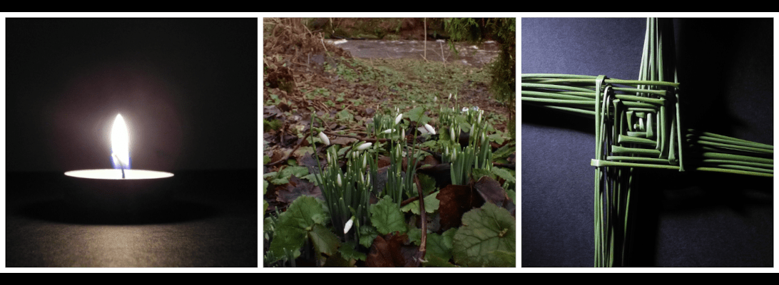 featuring three images showing a lighted candle, snowdrops, and brigid's cross made of reeds.